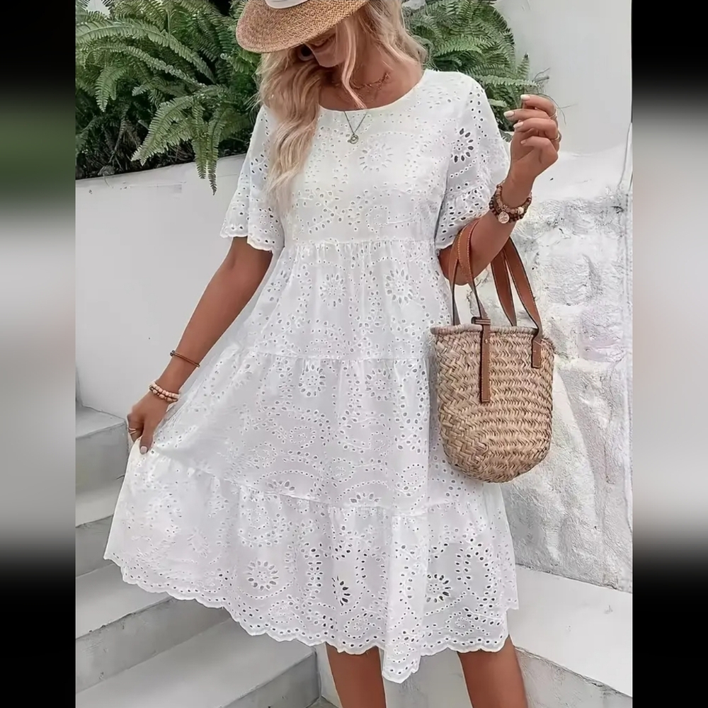 Source Unknown White Eyelet Tiered Midi Dress